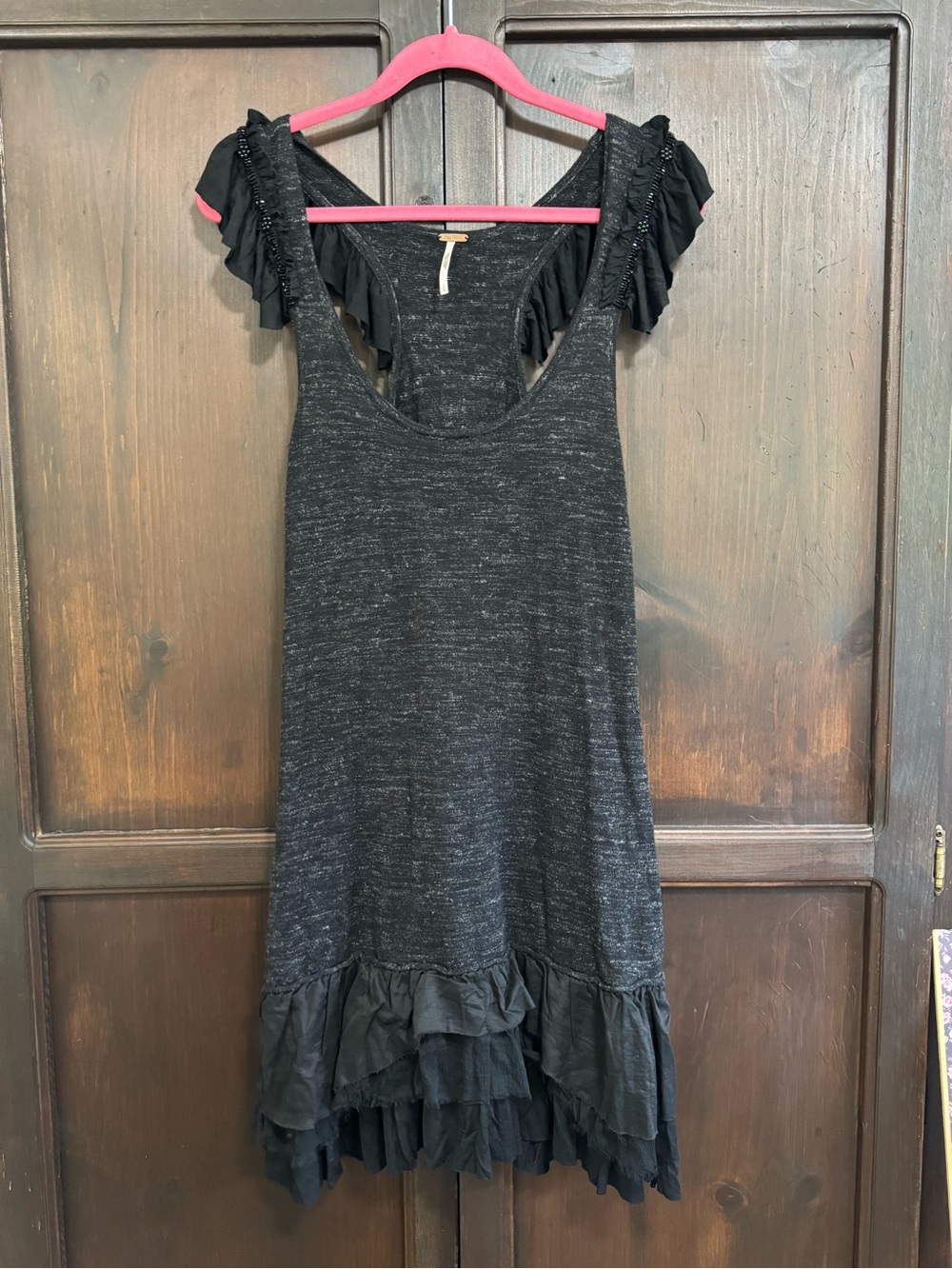 Free People Black Ruffled Knit Tank Dress with Layered Hem Beaded Boho Tunic